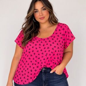 Torrid Sz 3 Pink Butterfly Print Sheer Blouse Flowy Dark Romantic Fuchsia Fairy